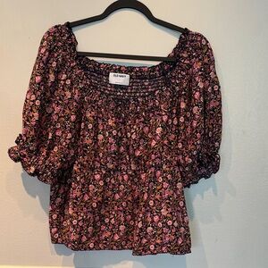 Women’s Old Navy Floral Blouse Navy and Pink With Smocked Back Size L